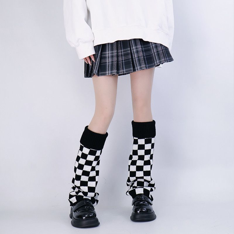 Boot Sock Slouchy - Black White Checkered Leg Warmers Knit
