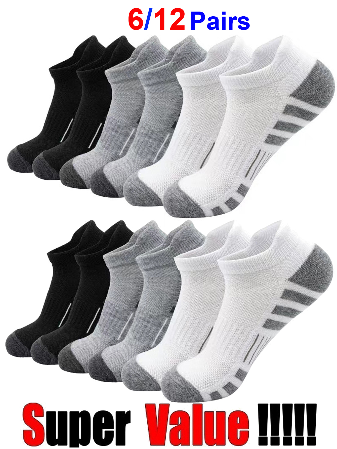 Athletic Sock Cushion - 6/24 Pairs Cushioned Breathable Ankle Athletic