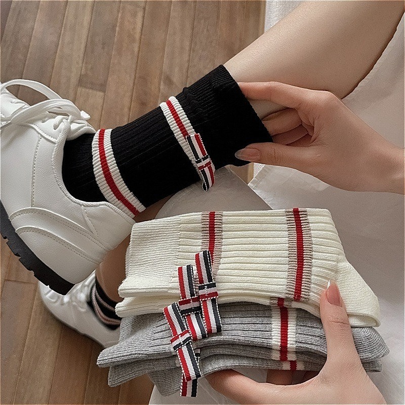 Cotton Crew Sock Pack - Women 3-Pack Combed Cotton Striped Bow