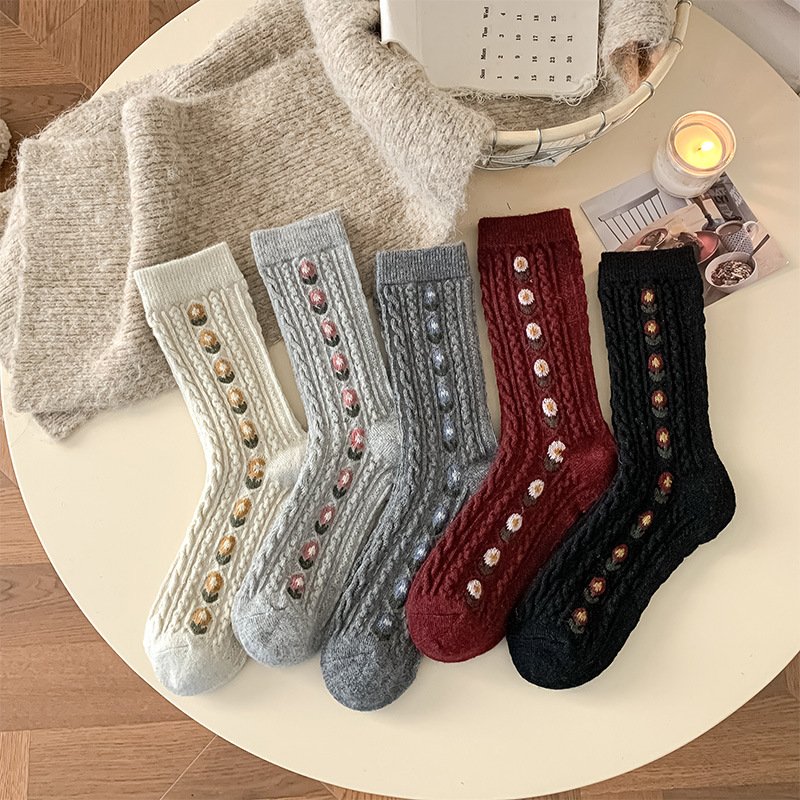 Boot Sock Slouchy - Korean Sweet Floral Wool Mid-Calf Socks